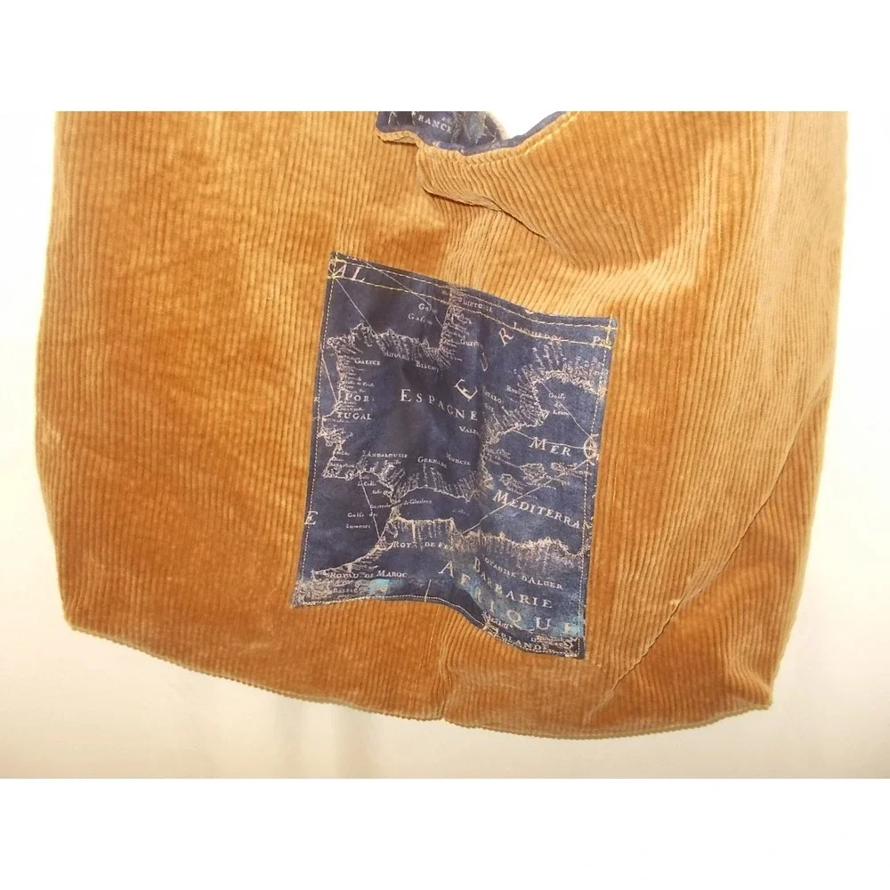 Tan Corduroy Hobo Bag Nautical Map Patch Crossbody Slouchy Tote